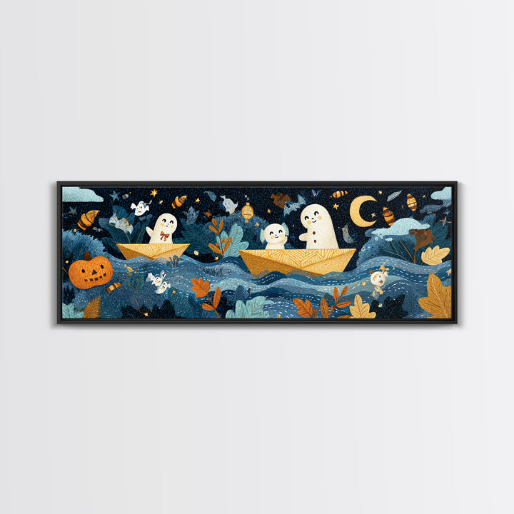 The Golden Leaf River, Felt Halloween Art, Extra Wide Wall Art, Canvas Print, Cute Halloween Wall Art, Storybook Decor