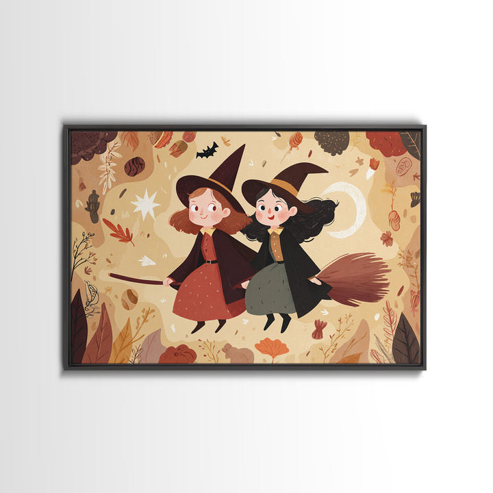 The Twin Broomstick Witches, Kawaii Halloween Art, Landscape Wall Art, Framed Canvas Print, Cute Halloween Wall Art