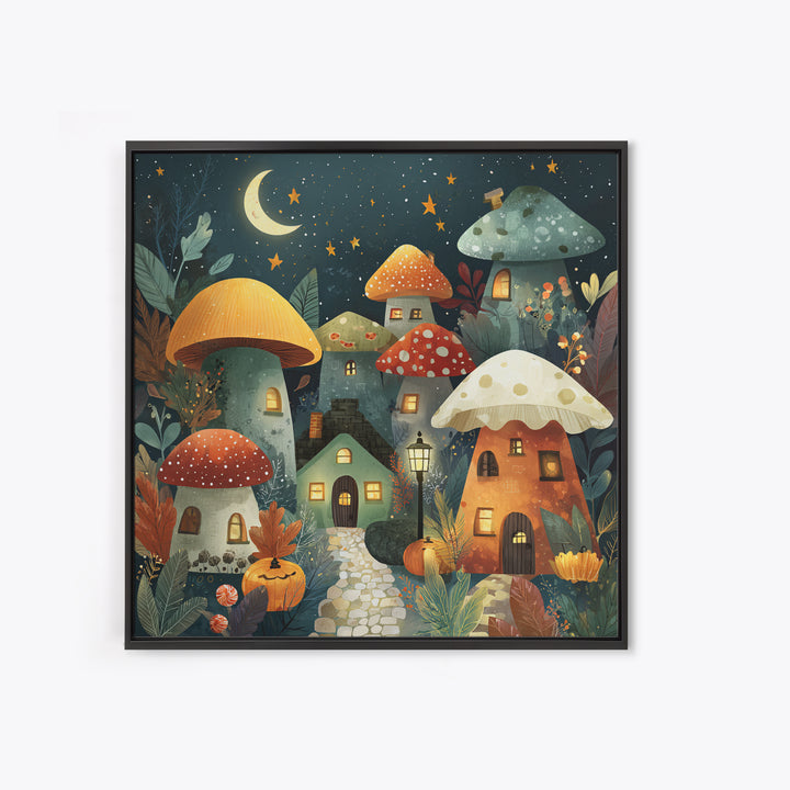 The Lantern-Lit Mushroom Village, Retro Halloween Art, Square Wall Art, Canvas Print, Cute Halloween Wall Art