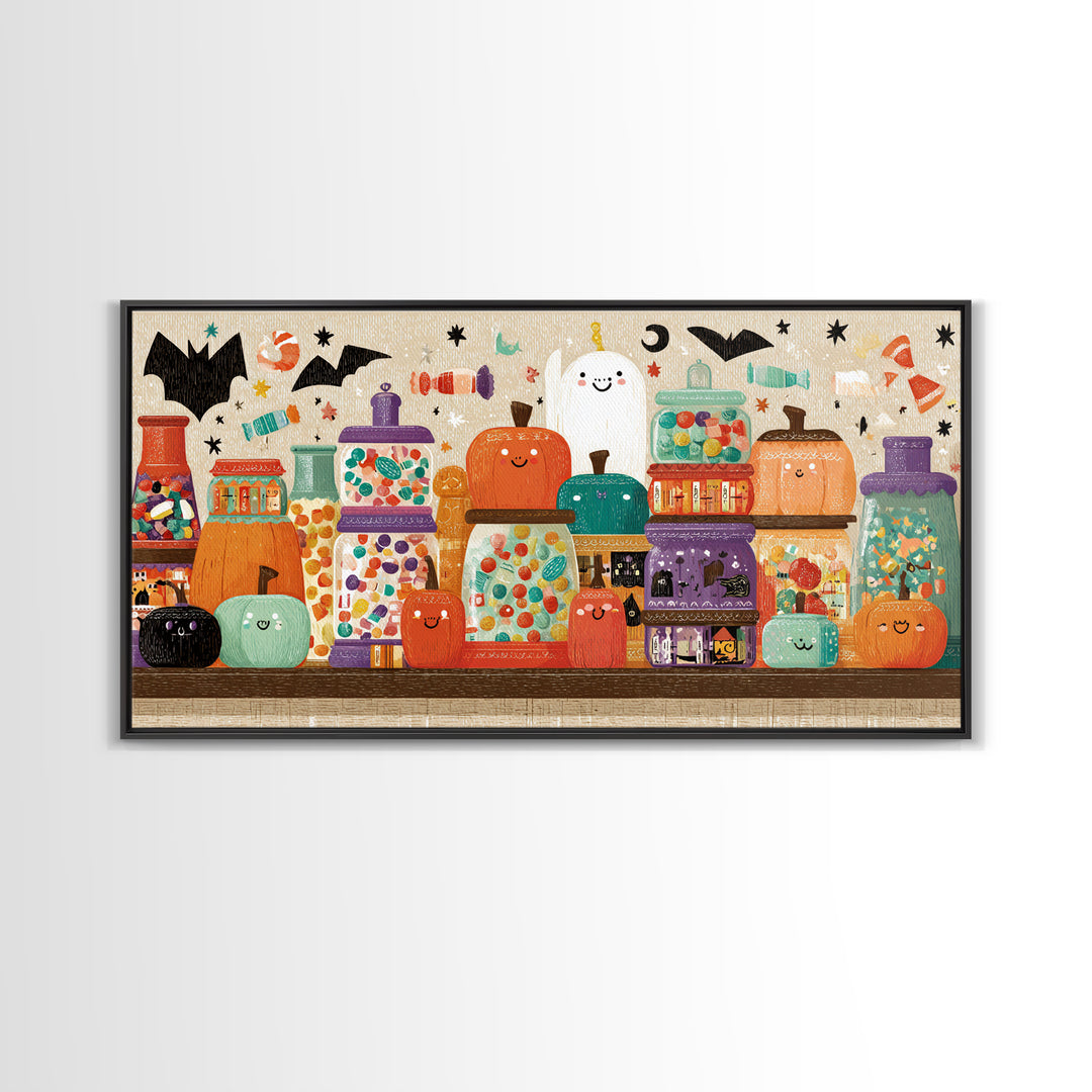 The Jellybean Potion Shop, Screenprint Halloween Art, Wide Panoramic Art, Framed Canvas Print, Cute Halloween Wall Art