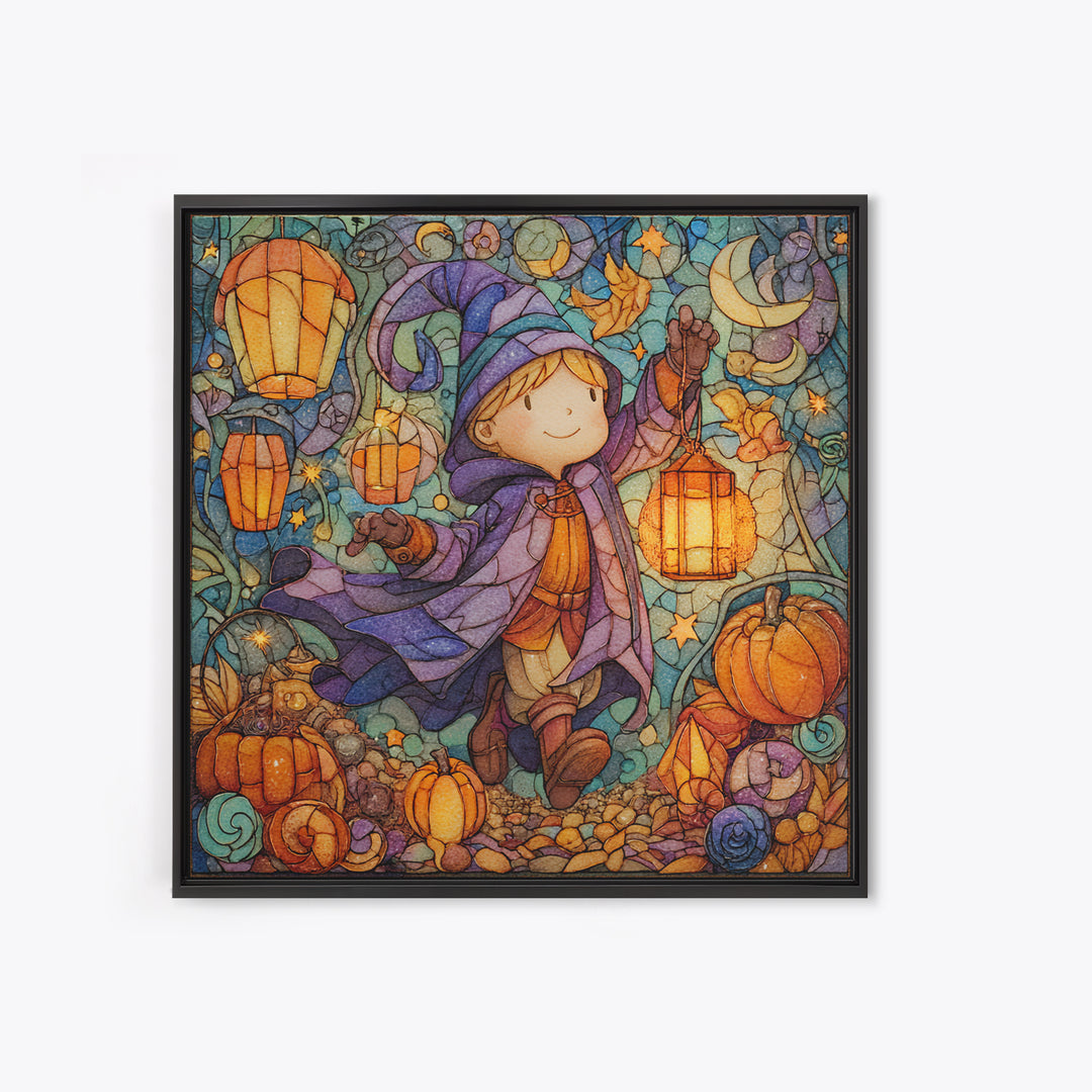 The Lantern-Light Wizard, Stained Glass Halloween, Square Wall Art, Canvas Print, Cute Halloween Wall Art