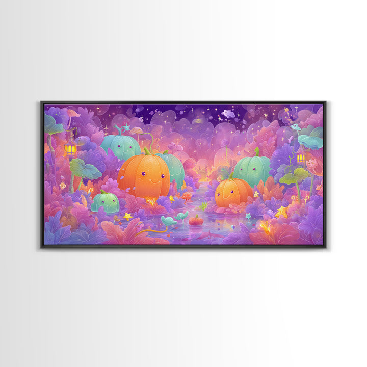 The Pumpkin Fairy Garden, Vaporwave Halloween Art, Wide Panoramic Art, Framed Canvas Print, Cute Halloween Wall Art