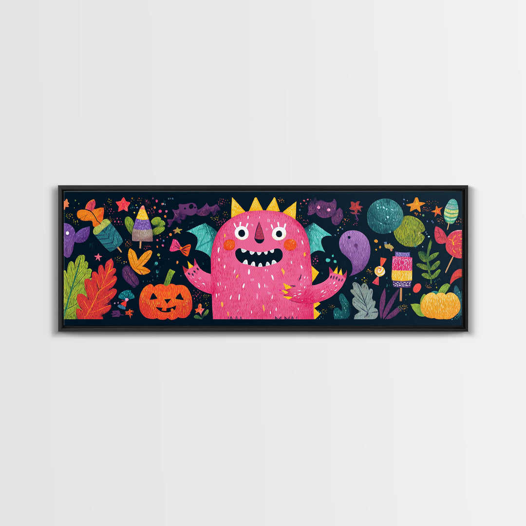 The Polka-Dot Monster, Pixel Halloween Art, Extra Wide Wall Art, Canvas Print, Cute Halloween Wall Art