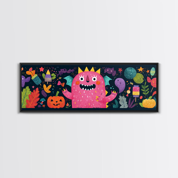 The Polka-Dot Monster, Pixel Halloween Art, Extra Wide Wall Art, Canvas Print, Cute Halloween Wall Art