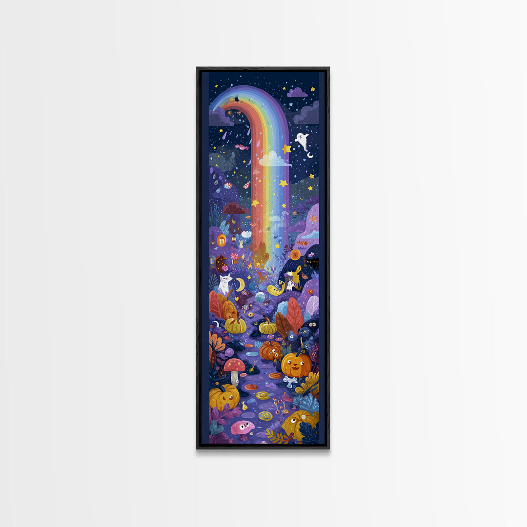 The Rainbow After The Halloween Rain, Vector Halloween Art, Tall Narrow Wall Art, Framed Canvas Print, Cute Halloween Wall Art