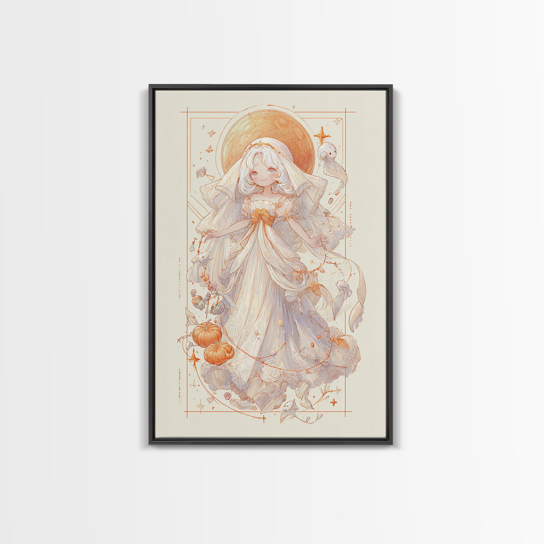 The Bride Of The Abyssal Moon, Hand Sketch Halloween Art, Vertical Wall Art, Canvas Print, Cute Halloween Wall Art