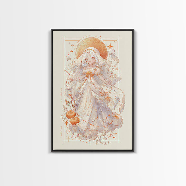 The Bride Of The Abyssal Moon, Hand Sketch Halloween Art, Vertical Wall Art, Canvas Print, Cute Halloween Wall Art