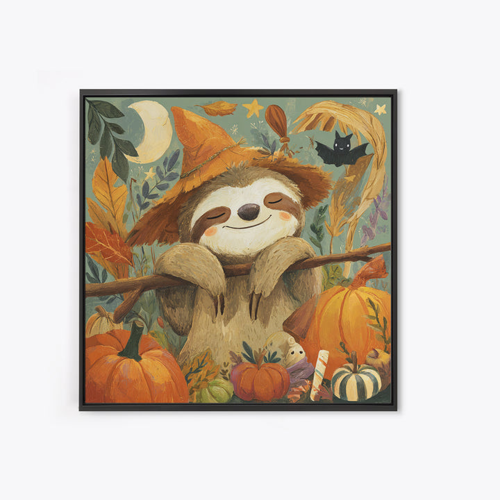 The Scarecrow Sloth, Gouache Halloween Art, Square Wall Art, Canvas Print, Cute Halloween Wall Art, Halloween Kids Decor