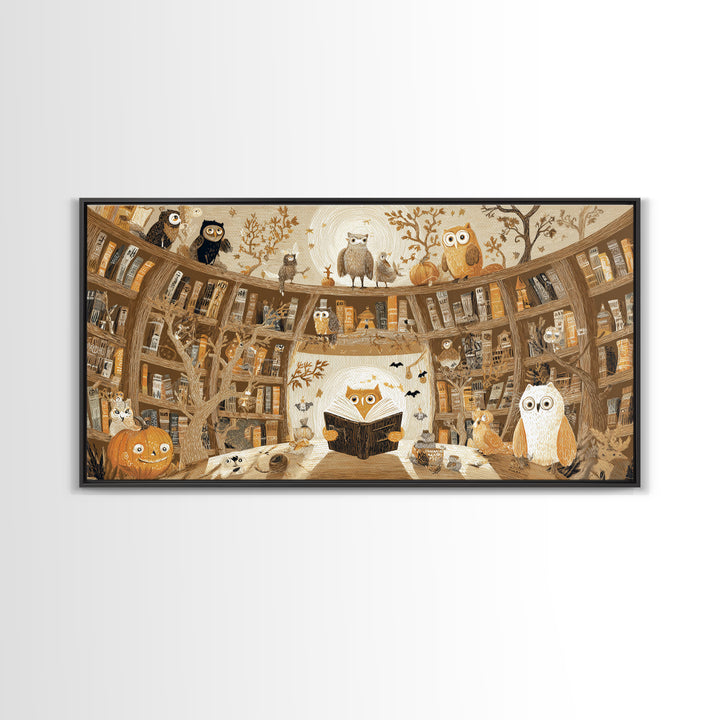 The Moonbeam Library, Crayon Halloween Art, Wide Panoramic Art, Framed Canvas Print, Cute Halloween Wall Art