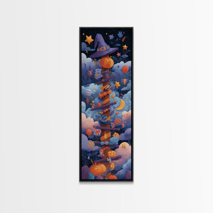 The Broomstick Obstacle Course, Paper Collage Halloween, Tall Narrow Wall Art, Framed Canvas Print, Cute Halloween Wall Art