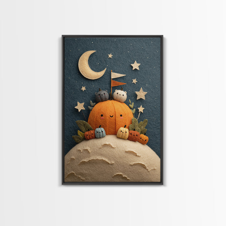 The Pumpkin Moon Expedition, Felt Halloween Art, Vertical Wall Art, Canvas Print, Cute Halloween Wall Art