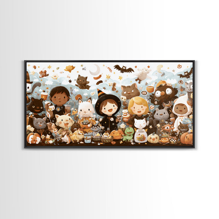 The Friendly Familiar Club, Kawaii Halloween Art, Wide Panoramic Art, Framed Canvas Print, Cute Halloween Wall Art