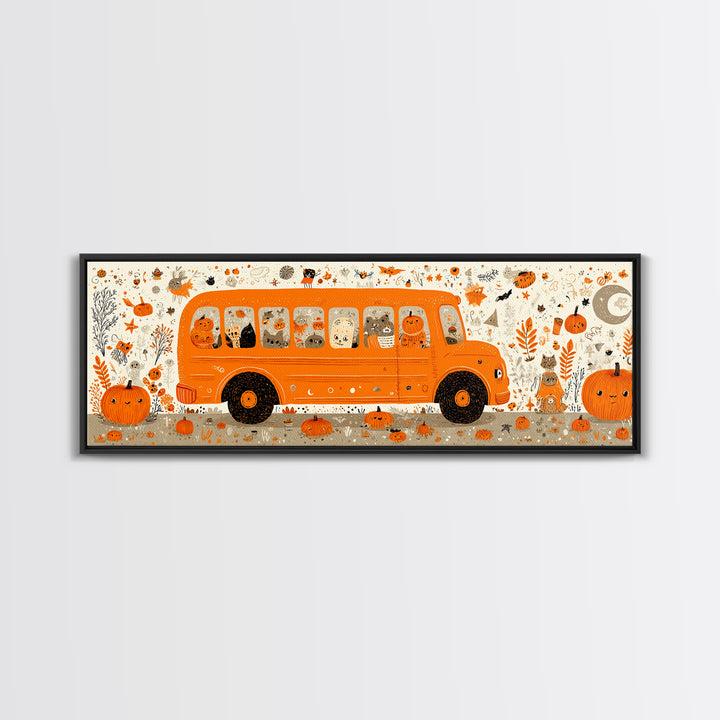 The Pumpkin School Bus, Retro Halloween Art, Extra Wide Wall Art, Canvas Print, Cute Halloween Wall Art