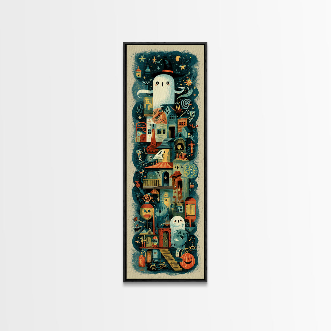 The Ghost Mail Carrier, Screenprint Halloween Art, Tall Narrow Wall Art, Framed Canvas Print, Cute Halloween Wall Art