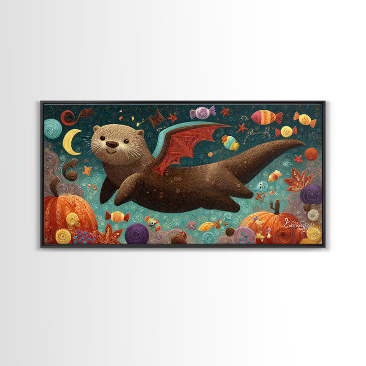 The Bat-Winged Otter, Quilled Halloween Art, Wide Panoramic Art, Framed Canvas Print, Cute Halloween Wall Art