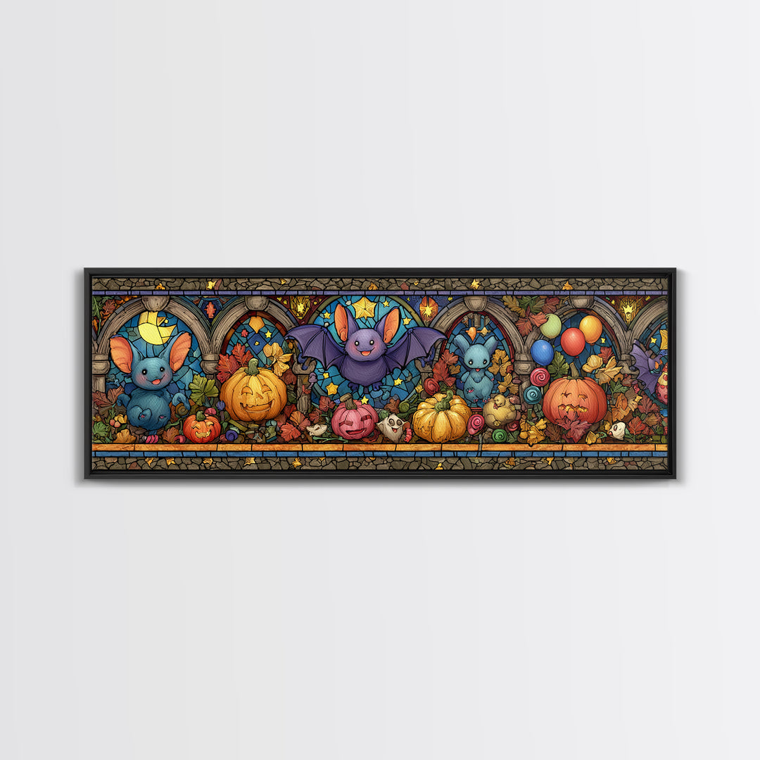 The Bat Balloon Factory, Stained Glass Halloween, Extra Wide Wall Art, Canvas Print, Cute Halloween Wall Art