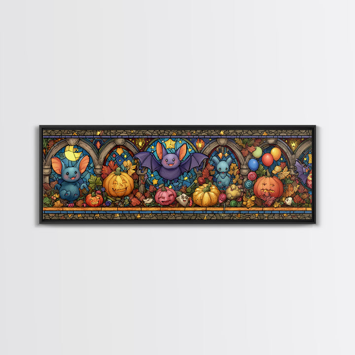 The Bat Balloon Factory, Stained Glass Halloween, Extra Wide Wall Art, Canvas Print, Cute Halloween Wall Art