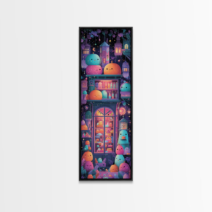 The Donut Vampire Family, Vaporwave Halloween Art, Tall Narrow Wall Art, Framed Canvas Print, Cute Halloween Wall Art