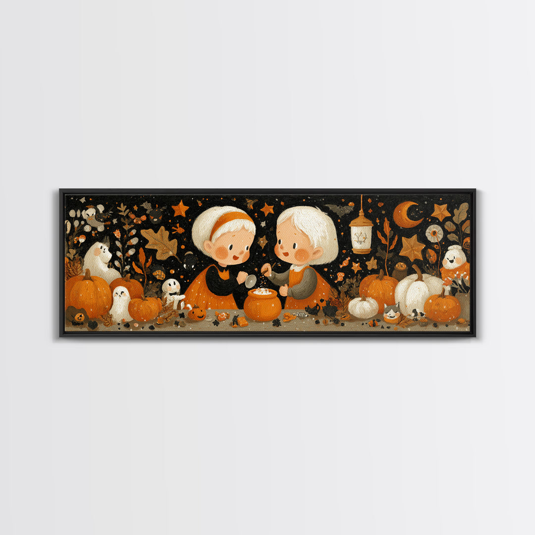The Pumpkin Potion Twins, Gouache Halloween Art, Extra Wide Wall Art, Canvas Print, Cute Halloween Wall Art