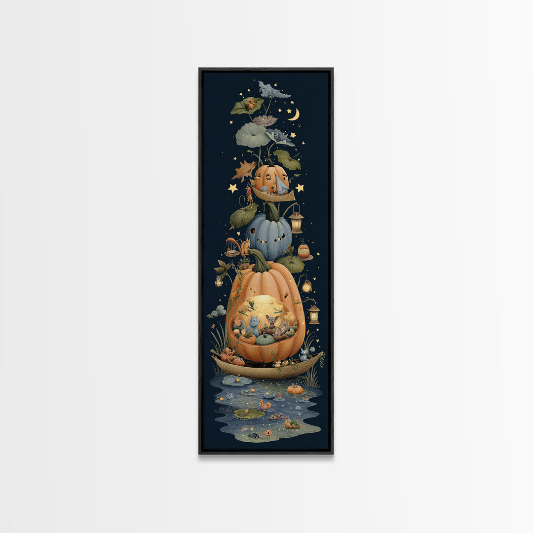 The Pumpkin Sailboat, Crayon Halloween Art, Tall Narrow Wall Art, Framed Canvas Print, Cute Halloween Wall Art