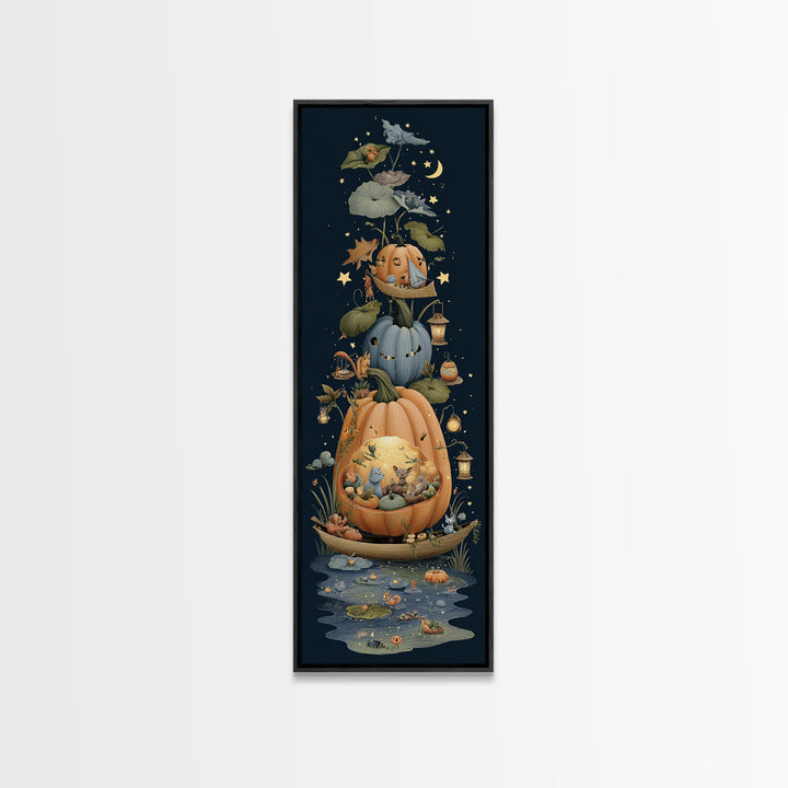 The Pumpkin Sailboat, Crayon Halloween Art, Tall Narrow Wall Art, Framed Canvas Print, Cute Halloween Wall Art