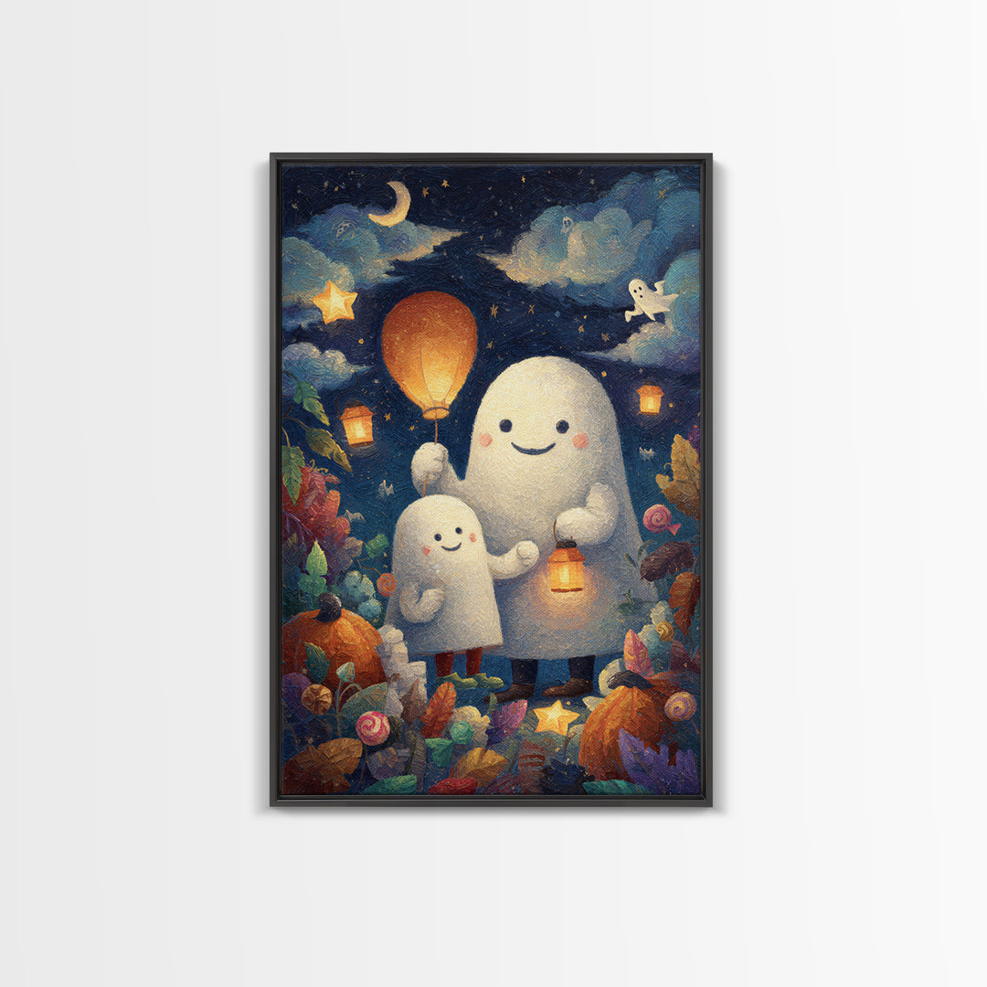 The Ghost Balloon Friend, Pastel Halloween Art, Vertical Wall Art, Canvas Print, Cute Halloween Wall Art