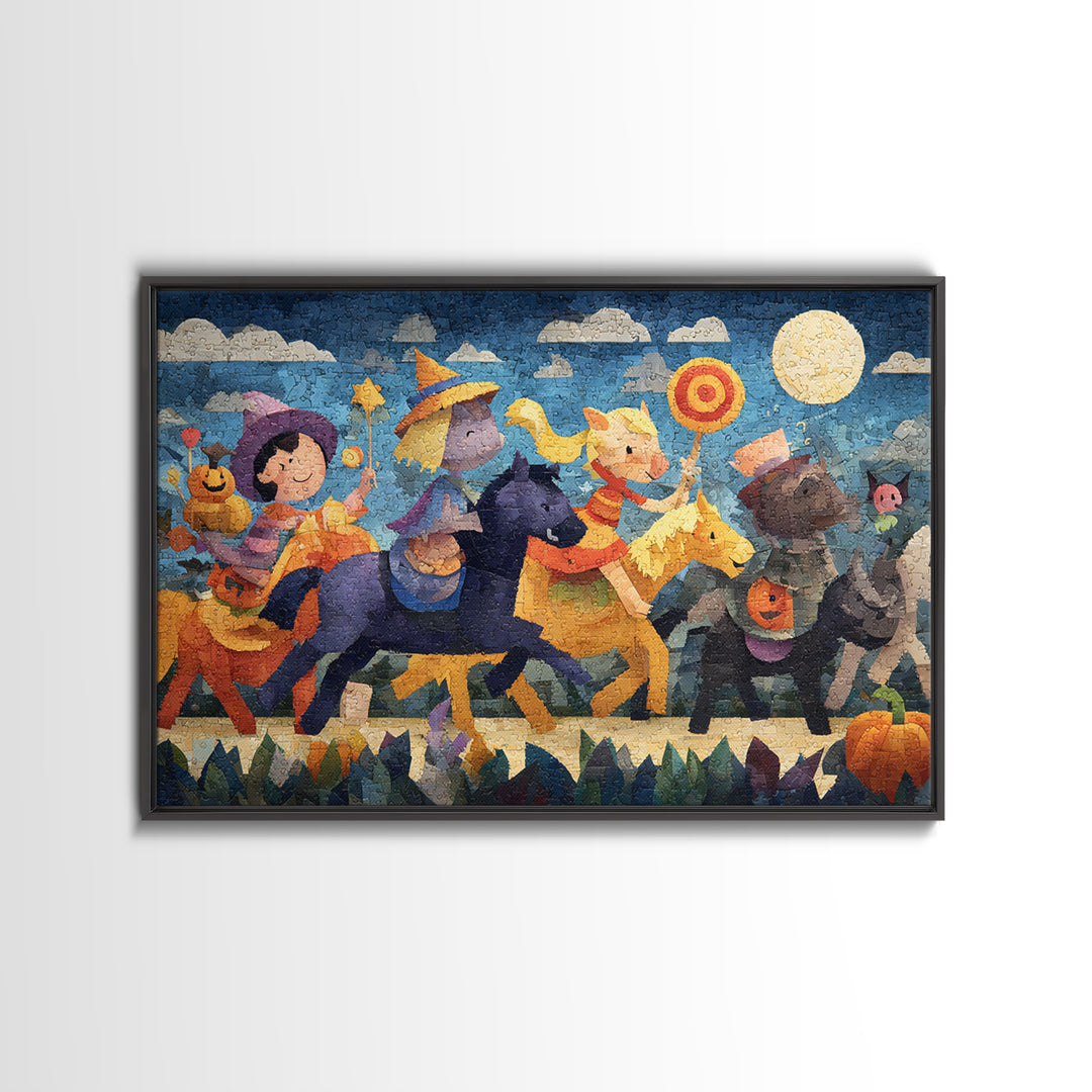 The Halloween Pet Parade, Paper Collage Halloween, Landscape Wall Art, Framed Canvas Print, Cute Halloween Wall Art