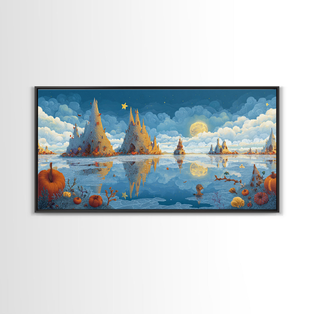 The Frost Beyond Carcosa, Clay Halloween Art, Wide Panoramic Art, Framed Canvas Print, Cute Halloween Wall Art