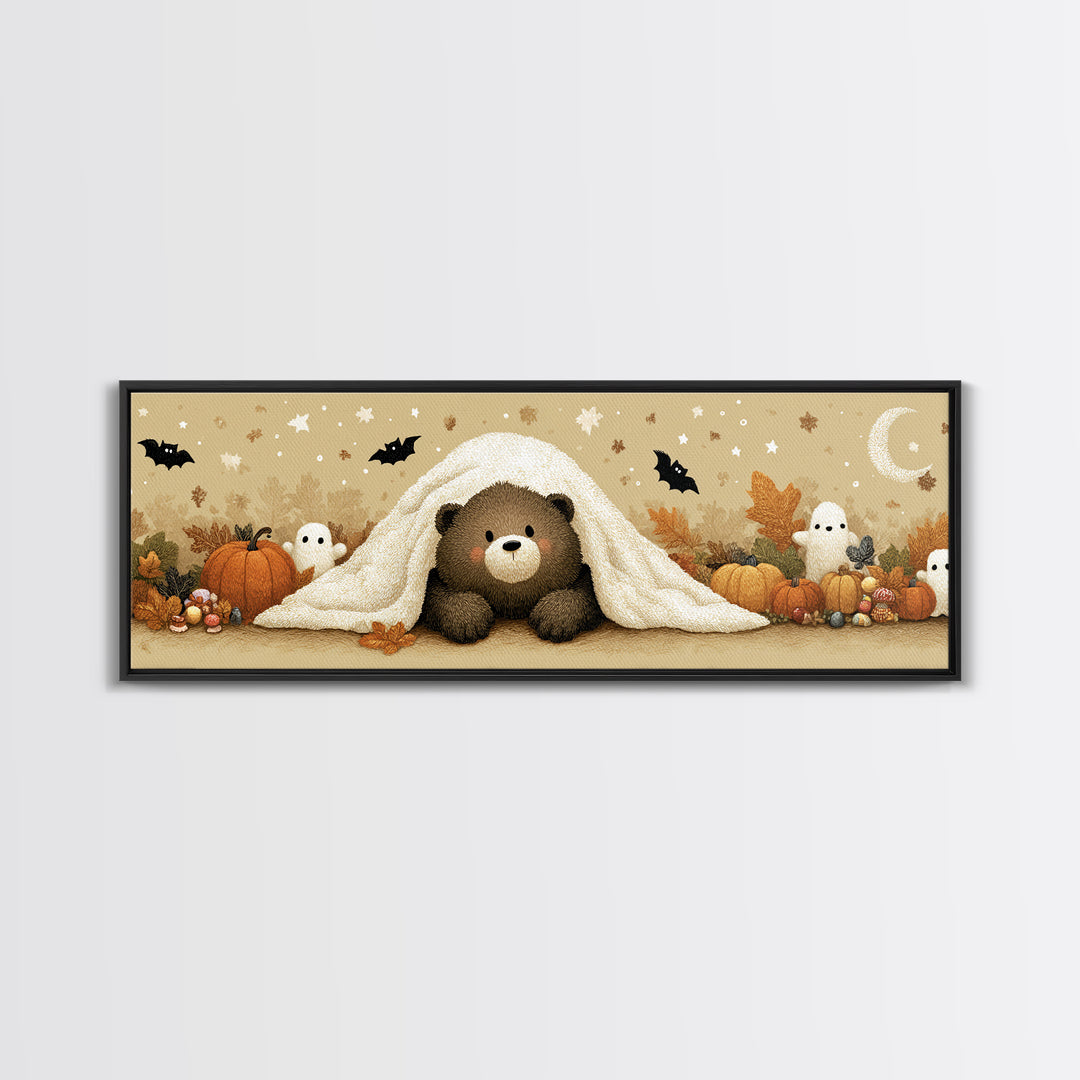 The Bear Cub Ghost, Plush Halloween Art, Extra Wide Wall Art, Canvas Print, Cute Halloween Wall Art, Cozy Autumn Kids Decor
