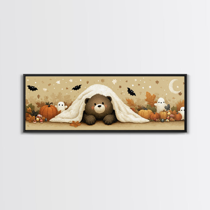 The Bear Cub Ghost, Plush Halloween Art, Extra Wide Wall Art, Canvas Print, Cute Halloween Wall Art, Cozy Autumn Kids Decor