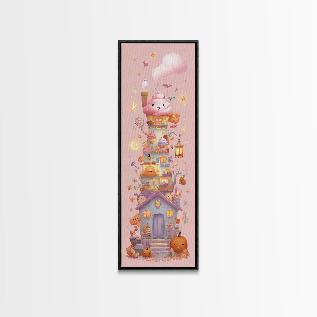 The Witch'S Cupcake Cottage, Kawaii Halloween Art, Tall Narrow Wall Art, Framed Canvas Print, Cute Halloween Wall Art