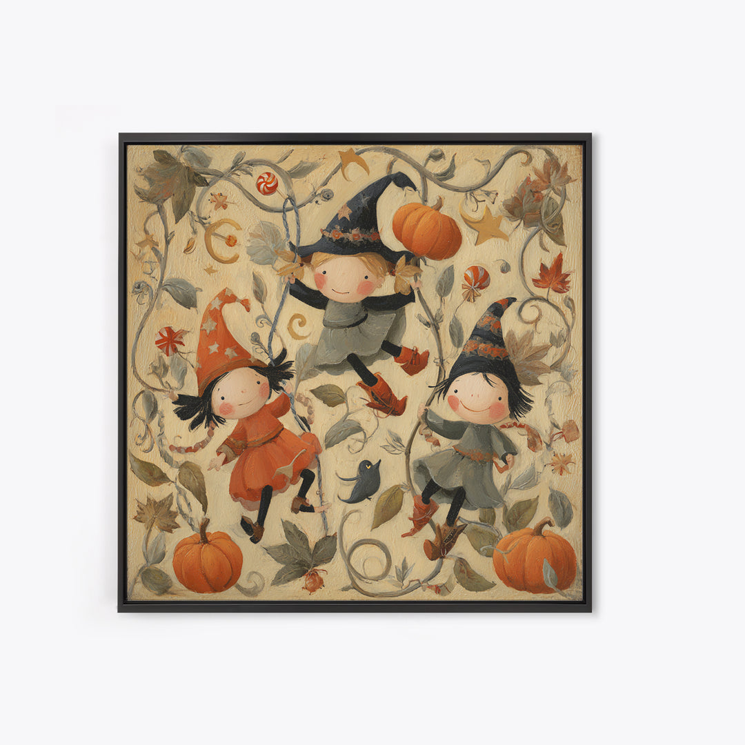 The Pumpkin Vine Swing, Folk Halloween Art, Square Wall Art, Canvas Print, Cute Halloween Wall Art, Halloween Kids Decor