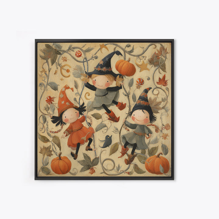 The Pumpkin Vine Swing, Folk Halloween Art, Square Wall Art, Canvas Print, Cute Halloween Wall Art, Halloween Kids Decor