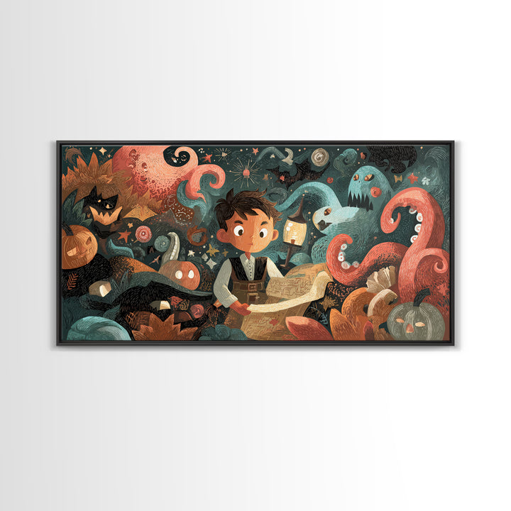 The Mapmaker Of Impossible Shores, Linocut Halloween Art, Wide Panoramic Art, Framed Canvas Print, Cute Halloween Wall Art