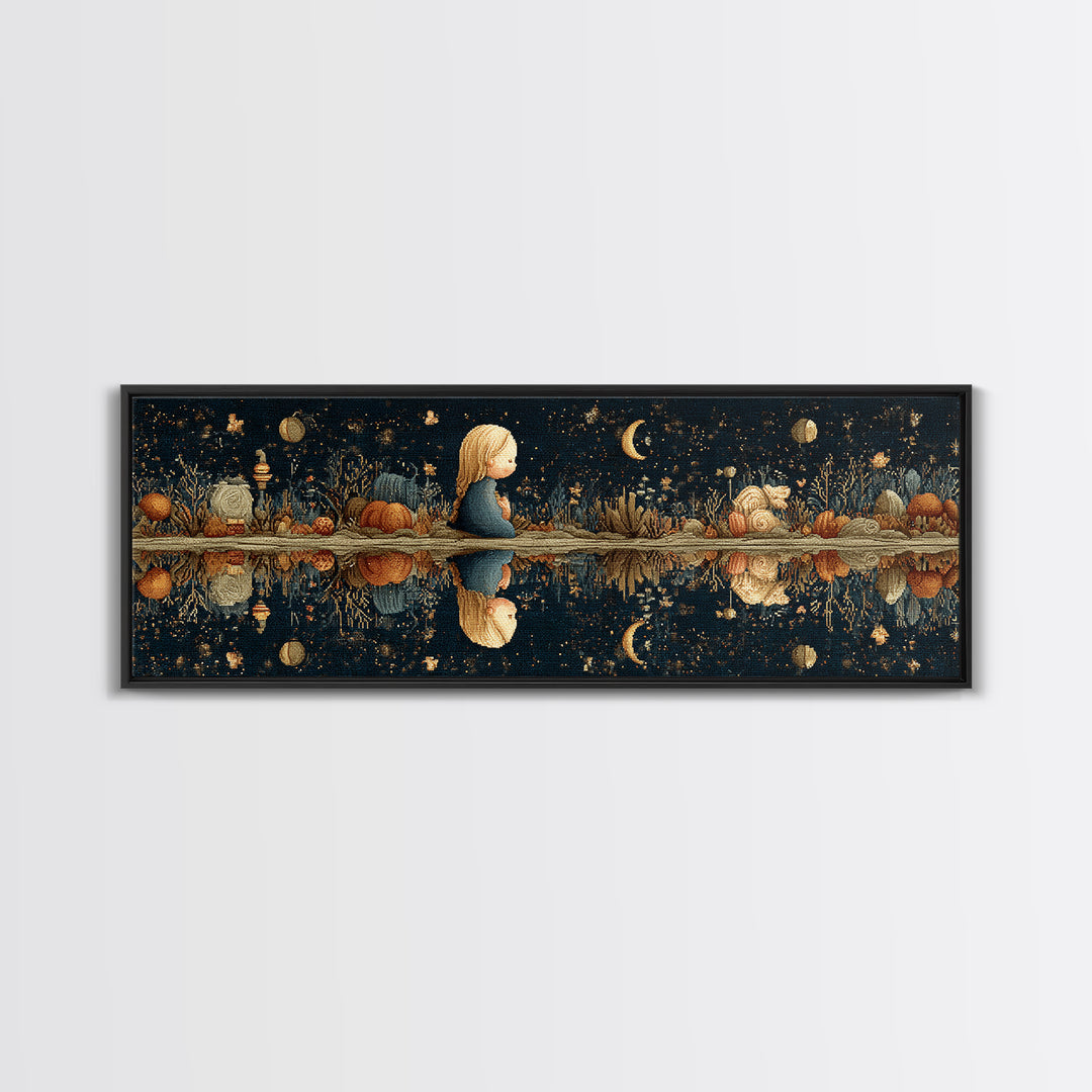 The Mirror Lake Of Lost Constellations, Embroidered Halloween Art, Extra Wide Wall Art, Canvas Print, Cute Halloween Wall Art