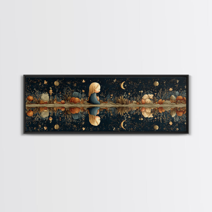 The Mirror Lake Of Lost Constellations, Embroidered Halloween Art, Extra Wide Wall Art, Canvas Print, Cute Halloween Wall Art
