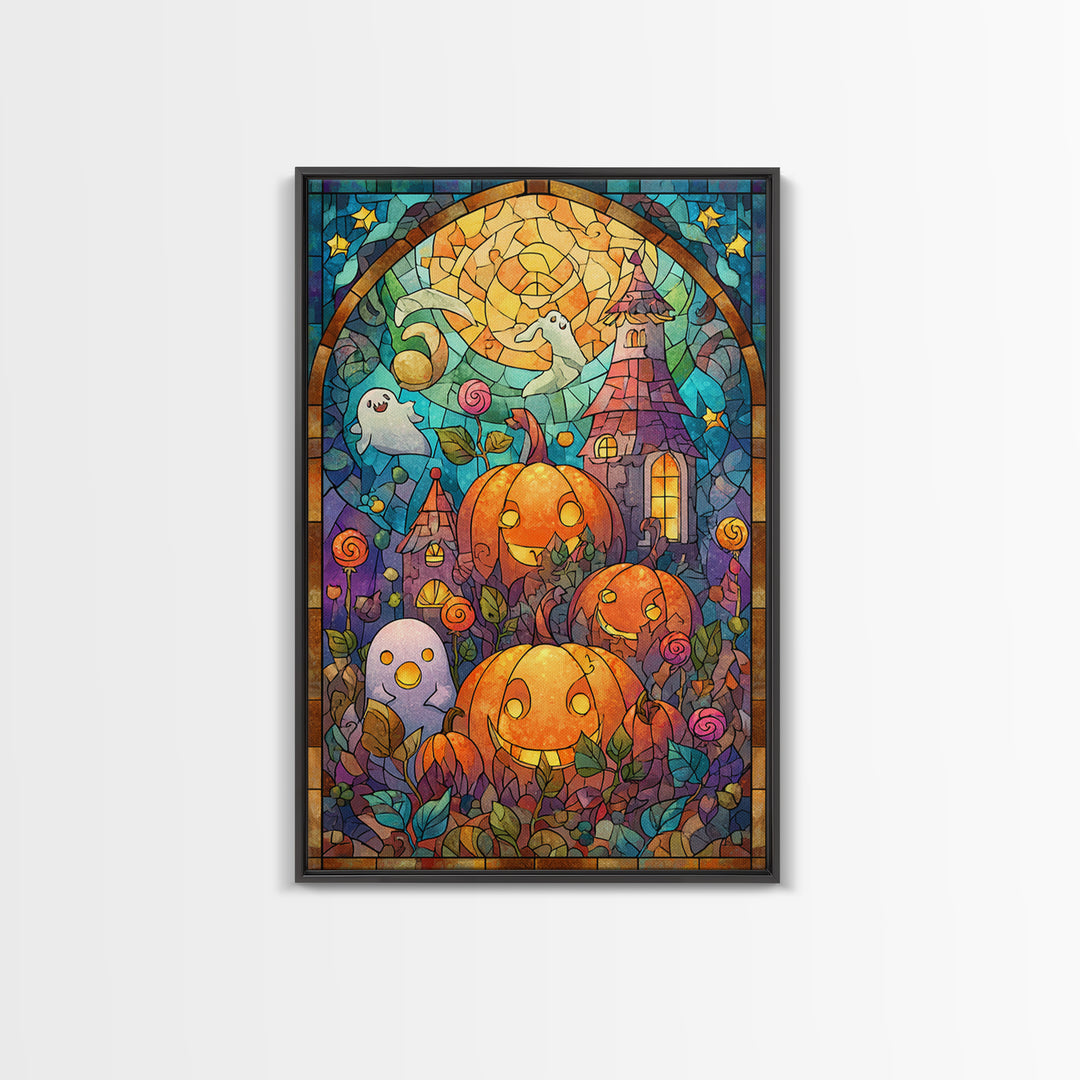 The Starry Pumpkin Farm, Stained Glass Halloween, Vertical Wall Art, Canvas Print, Cute Halloween Wall Art