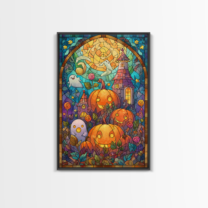 The Starry Pumpkin Farm, Stained Glass Halloween, Vertical Wall Art, Canvas Print, Cute Halloween Wall Art