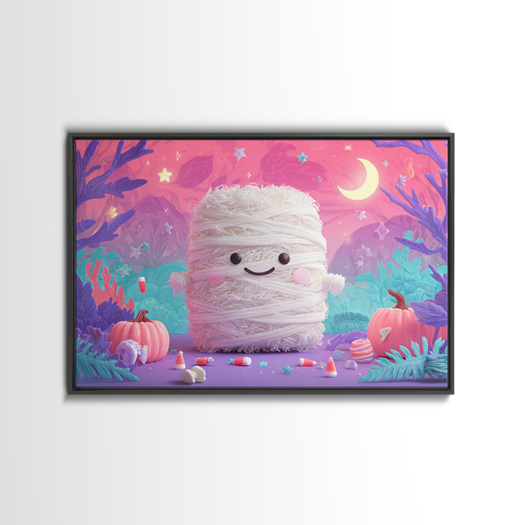 The Popcorn Mummy, Vaporwave Halloween Art, Landscape Wall Art, Framed Canvas Print, Cute Halloween Wall Art