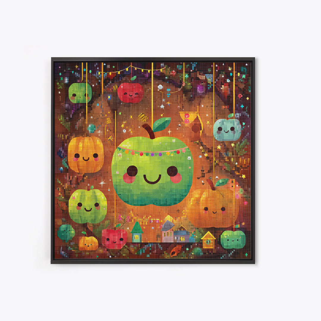 The Candy Apple Dance, Pixel Halloween Art, Square Wall Art, Canvas Print, Cute Halloween Wall Art, Halloween Kids Decor