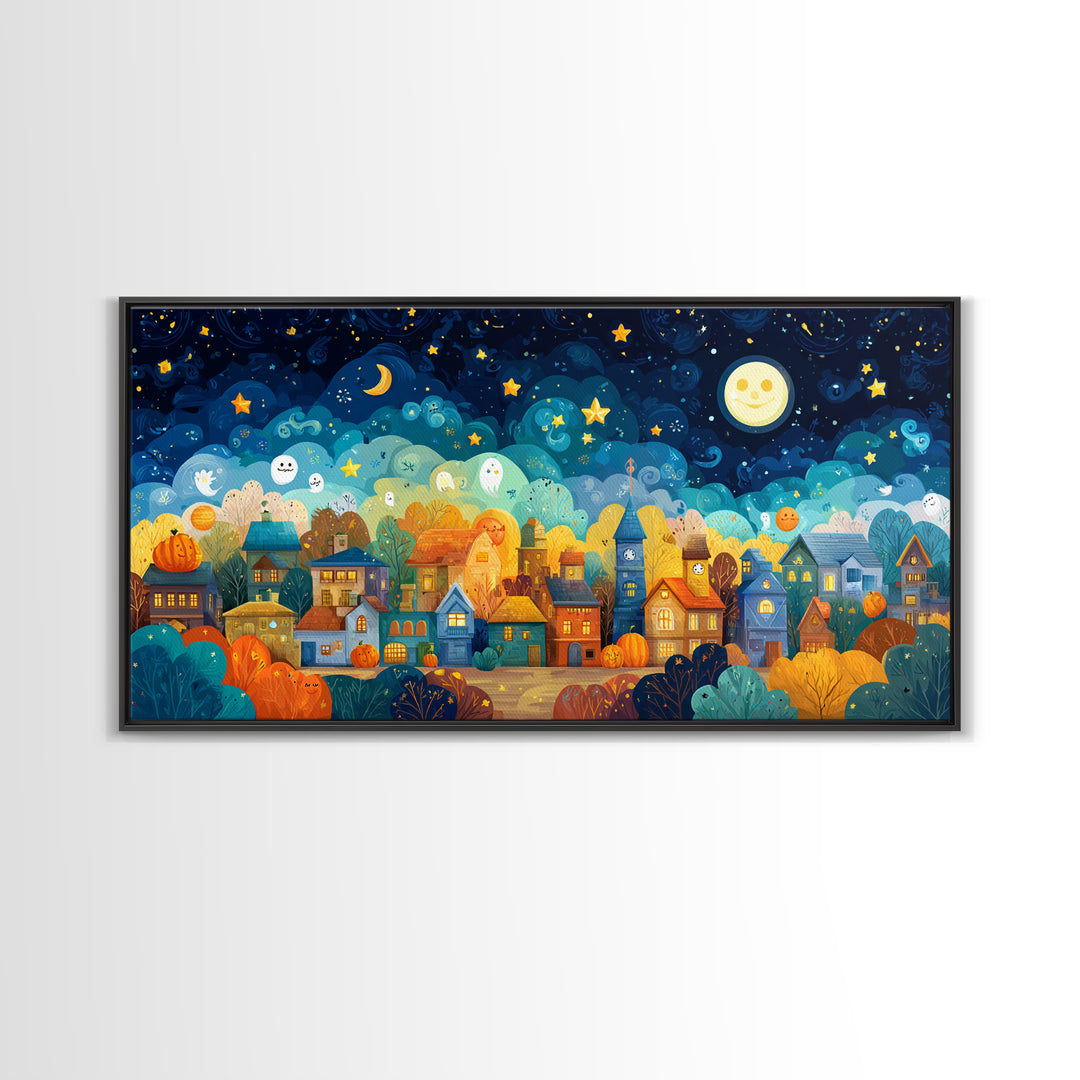 The Rainbow Halloween Night, Vector Halloween Art, Wide Panoramic Art, Framed Canvas Print, Cute Halloween Wall Art