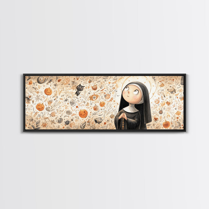 The Nun Of The Endless Constellation, Hand Sketch Halloween Art, Extra Wide Wall Art, Canvas Print, Cute Halloween Wall Art, Storybook Decor
