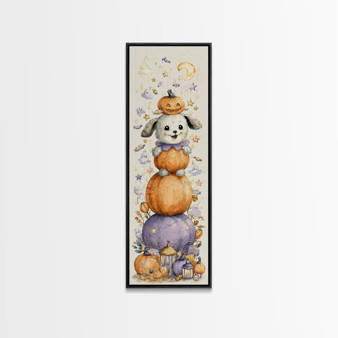 The Pumpkin Puppy, Watercolor Halloween Art, Tall Narrow Wall Art, Framed Canvas Print, Cute Halloween Wall Art