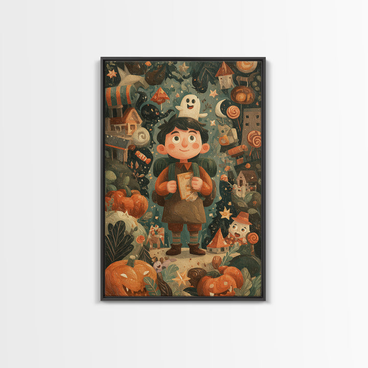 The Candy Map Adventurers, Gouache Halloween Art, Vertical Wall Art, Canvas Print, Cute Halloween Wall Art