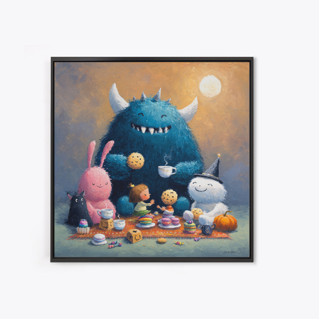 The Monster Under The Bed Tea Party, Pastel Halloween Art, Square Wall Art, Canvas Print, Cute Halloween Wall Art
