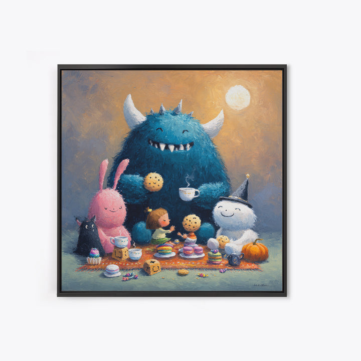 The Monster Under The Bed Tea Party, Pastel Halloween Art, Square Wall Art, Canvas Print, Cute Halloween Wall Art