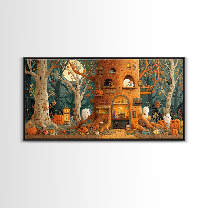 The Cozy Hollow Tree, Paper Collage Halloween, Wide Panoramic Art, Framed Canvas Print, Cute Halloween Wall Art