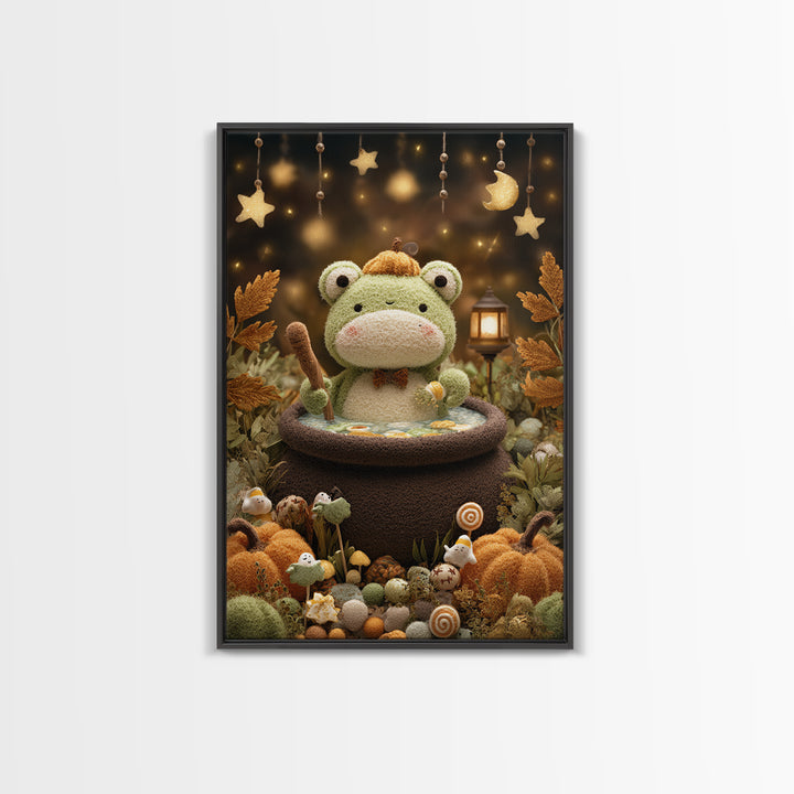 The Cauldron Frog, Plush Halloween Art, Vertical Wall Art, Canvas Print, Cute Halloween Wall Art, Whimsical Nursery Decor