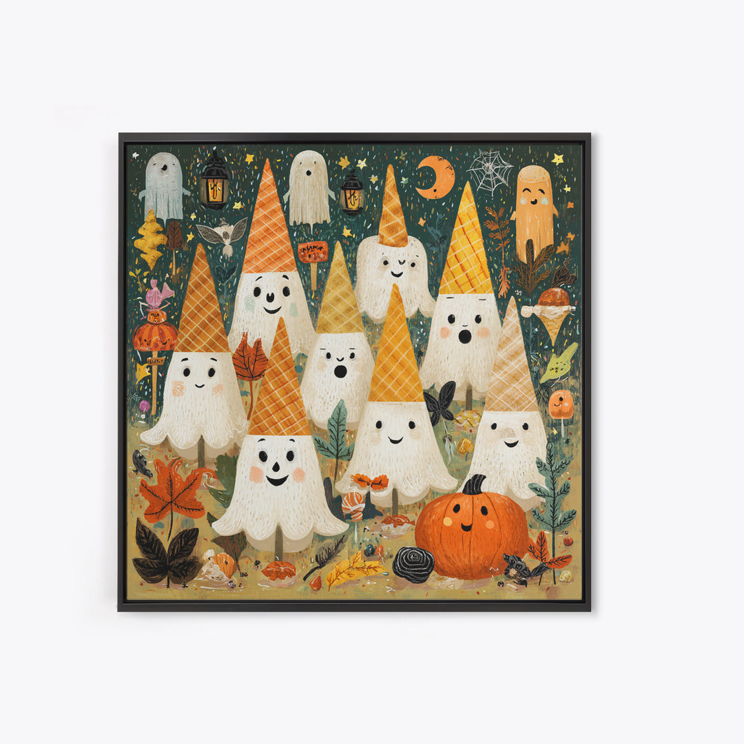 The Ice-Cream Ghost Parade, Retro Halloween Art, Square Wall Art, Canvas Print, Cute Halloween Wall Art