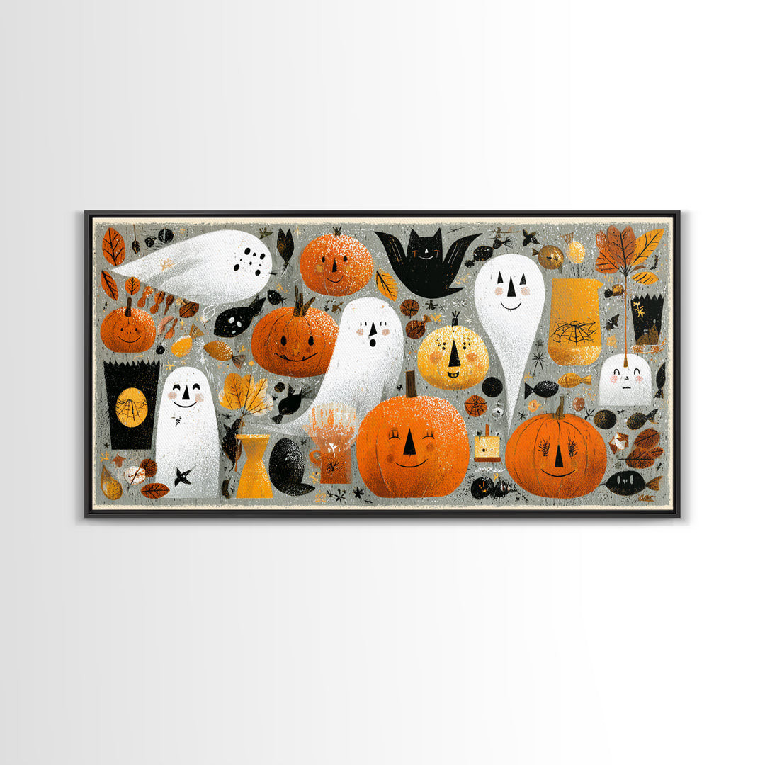The Halloween Craft Table, Screenprint Halloween Art, Wide Panoramic Art, Framed Canvas Print, Cute Halloween Wall Art